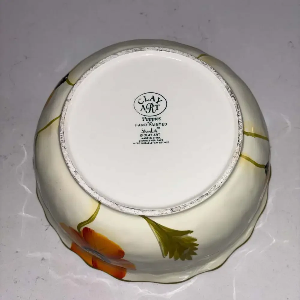 Clay Art Poppies Pattern Hand Painted Scalloped Serving Bowl 10.5”